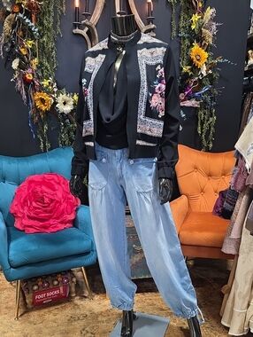BDG Black Bomber Jacket with Floral Trim